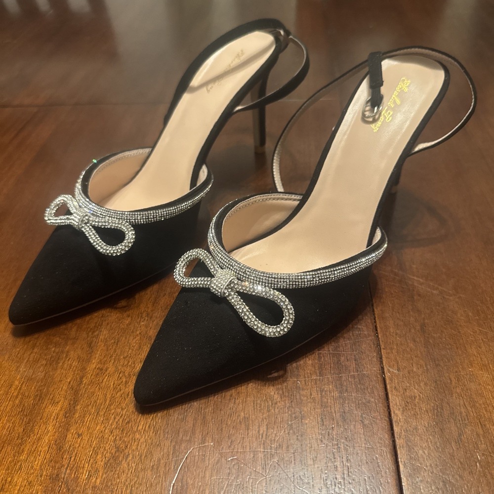 Elisabet Tang Women's Slingback Pumps Size 11 Black Rhinestone Bow Heels Elegant - Picture 2 of 7